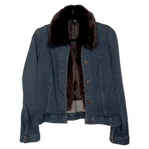 Y2K BEBE Rabbit Fur Brown Vest Dark Blue Button Front 2 IN 1 Denim Jacket Small